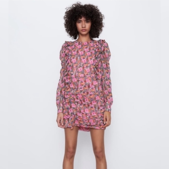 Zara Dresses & Skirts - Zara Pink Floral Draped Ruched Mini Dress with Sheer Long Puff Sleeves Women's S